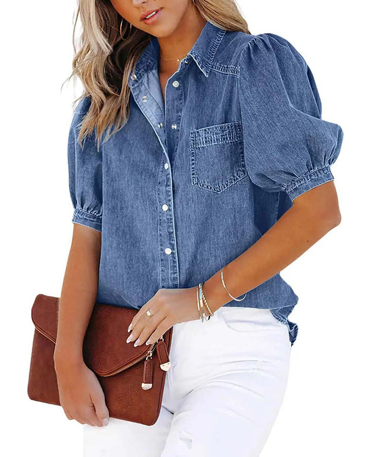 Damen Jeansbluse mit Laternenärmeln und Druckknöpfen in Frontalansicht