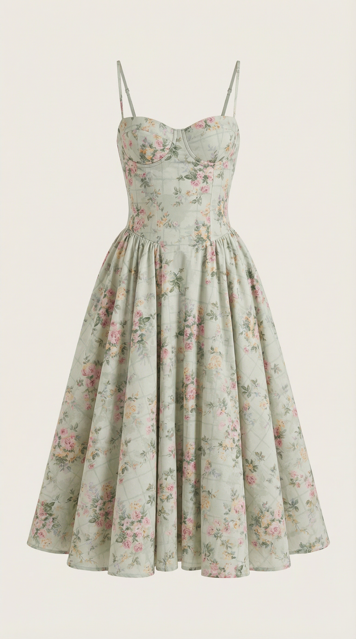 Damen Blumenmieder Midikleid mit Herzausschnitt
