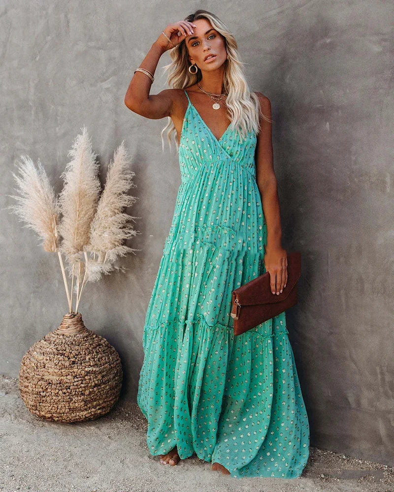 Boho-Chic grünes Maxi-Sommerkleid