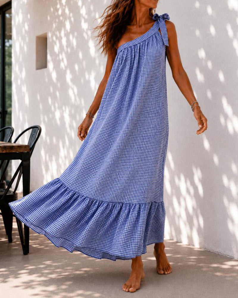 Damen-Maxikleid mit One-Shoulder-Ausschnitt und Rüschen in eleganter A-Linie