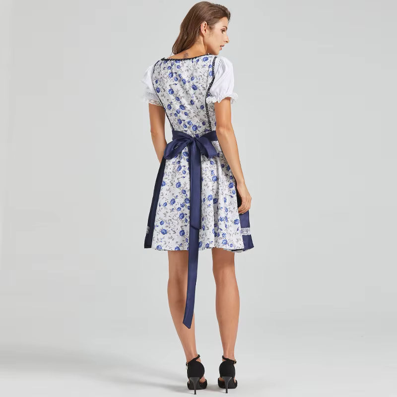 Damen Traditionelles Dirndlkleid aus Polyester-Baumwoll-Mischung Blau Blumenmuster