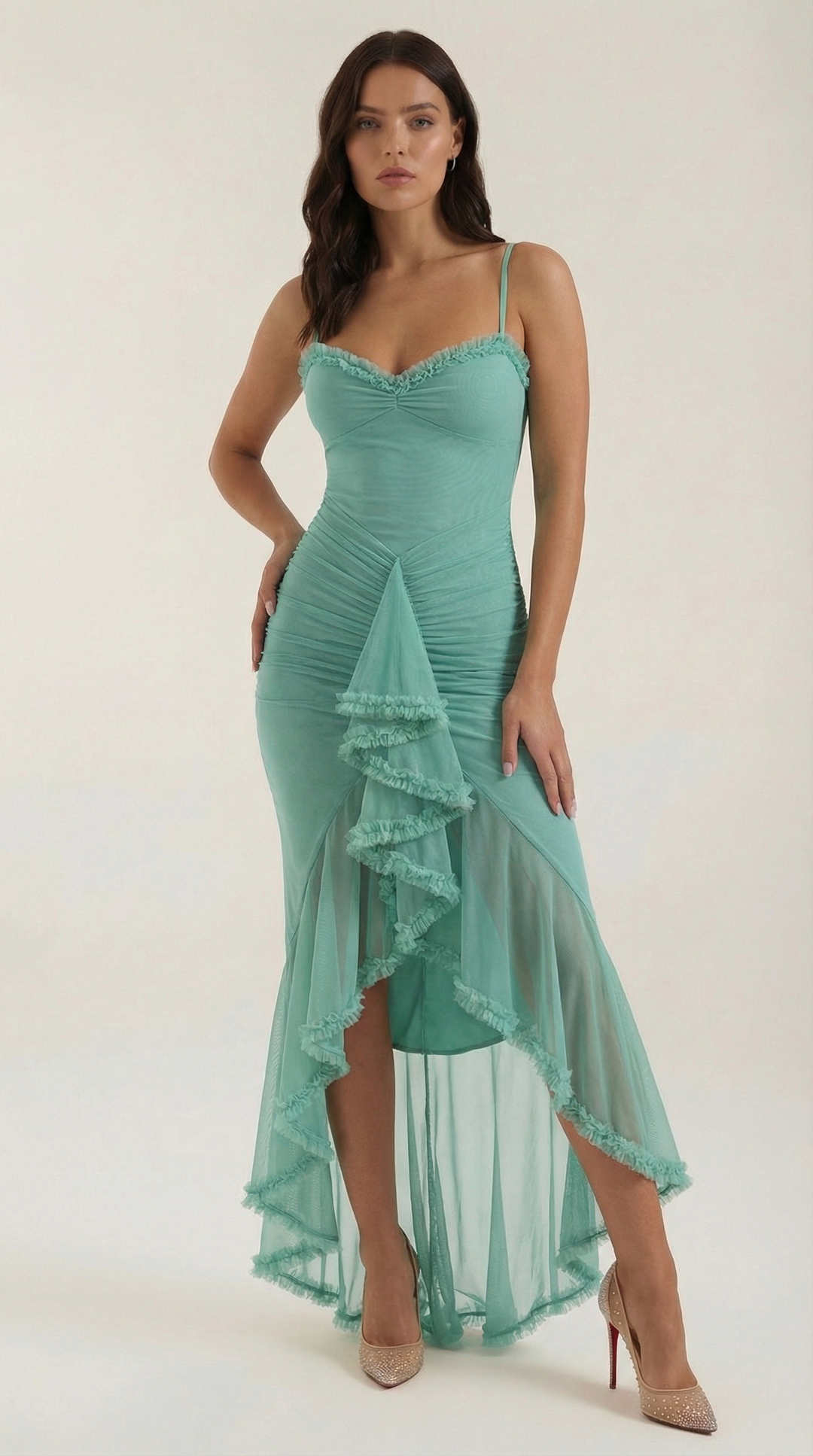 Damen Volant Maxikleid mit High-Low-Saum