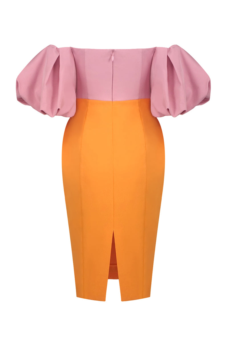 Midikleid mit Farbblock und Puffärmeln