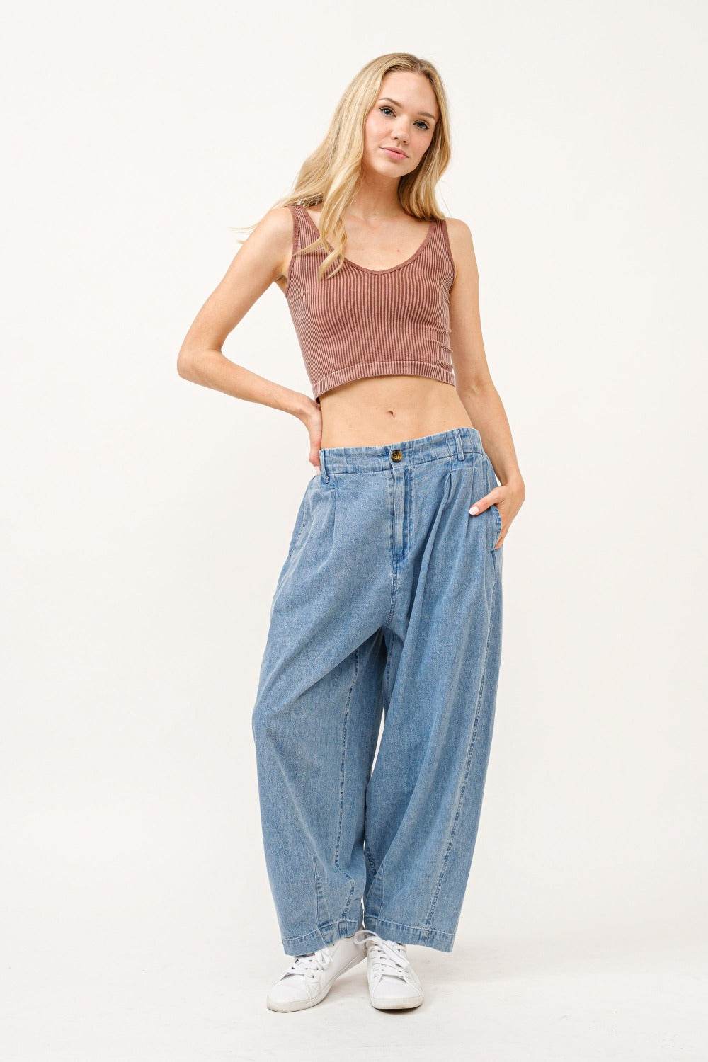Damen Elastische Taille Faltenlockige Baggy-Jeans