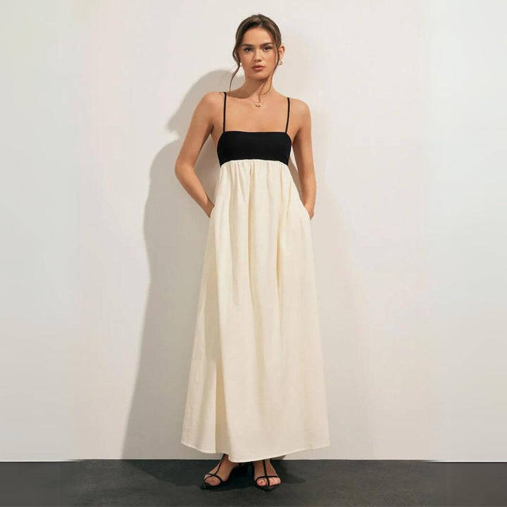 Midi-Kleid aus Leinen-Baumwoll-Mischung, lockere Passform, Schwarz und Weiß