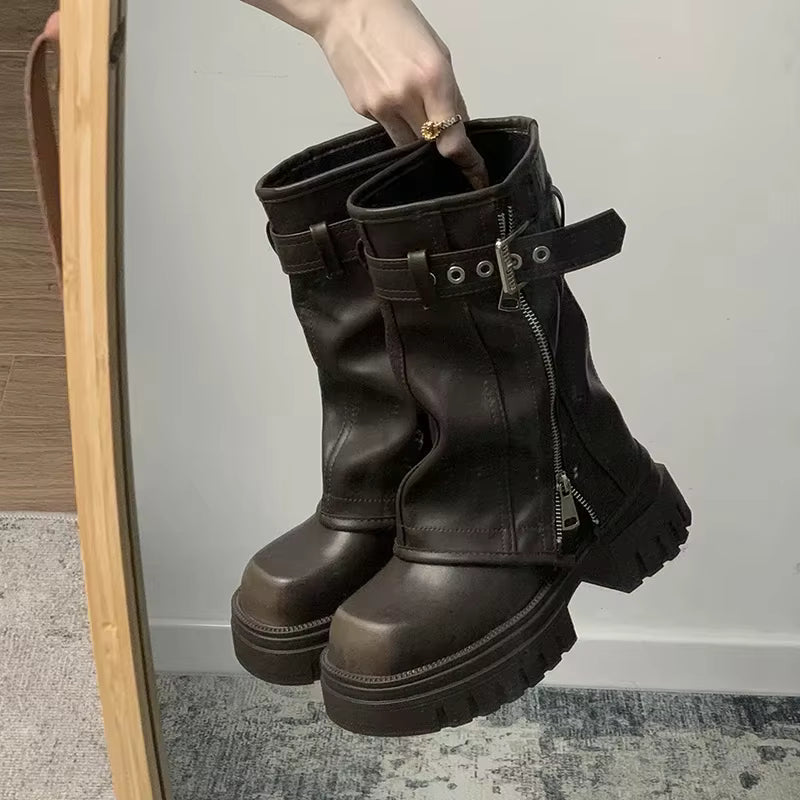 Damen Plateau-Biker-Stiefeletten mit Schnallen