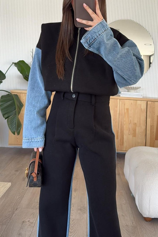 Lässige Jeans-Patchwork-Sweatshirtjacke mit Reißverschluss