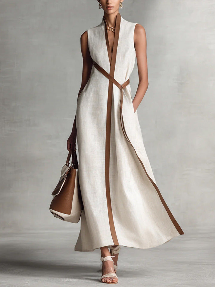 Damen Ärmelloses Baumwoll-Leinen Freizeitkleid mit Stehkragen
