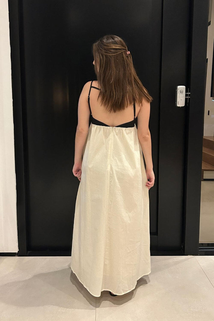 Midi-Kleid aus Leinen-Baumwoll-Mischung, lockere Passform, Schwarz und Weiß