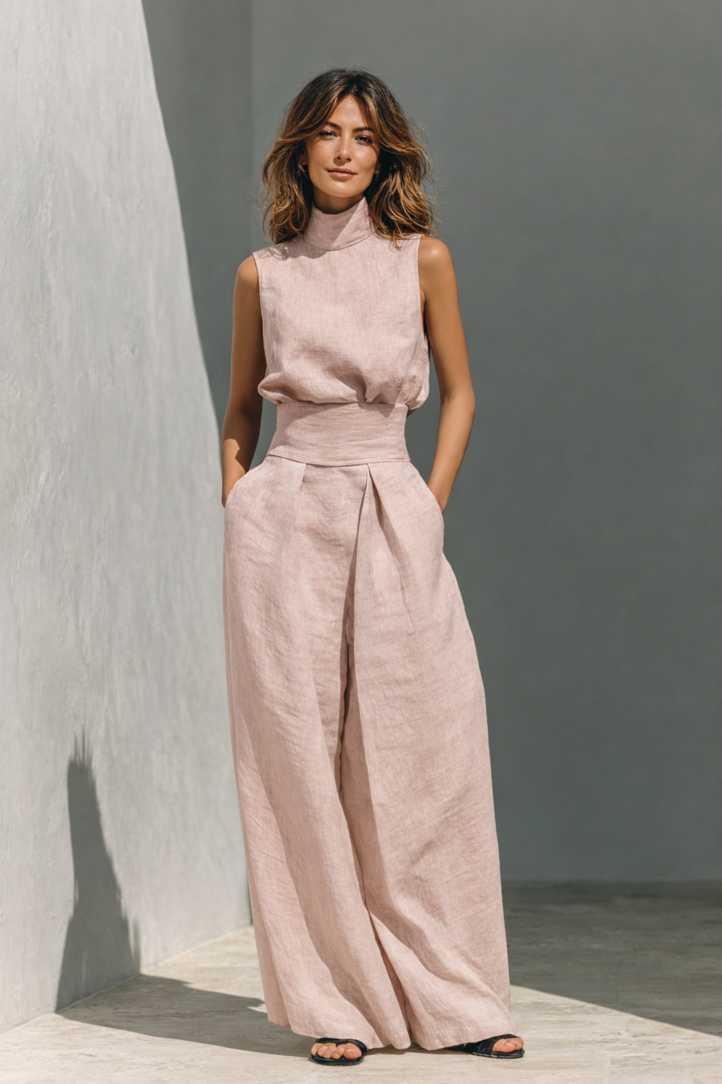 Minimalistisches Tanktop aus Baumwoll-Leinen und Hosen mit weitem Bein Set