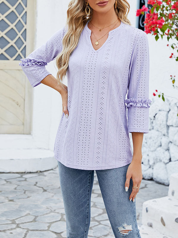 Damen T-Shirt Mit Jacquard V Ausschnitt Und Dreiviertelarm