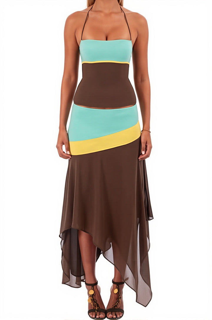 Damen Outfit mit asymmetrischem Rock und passendem Oberteil in Colorblock