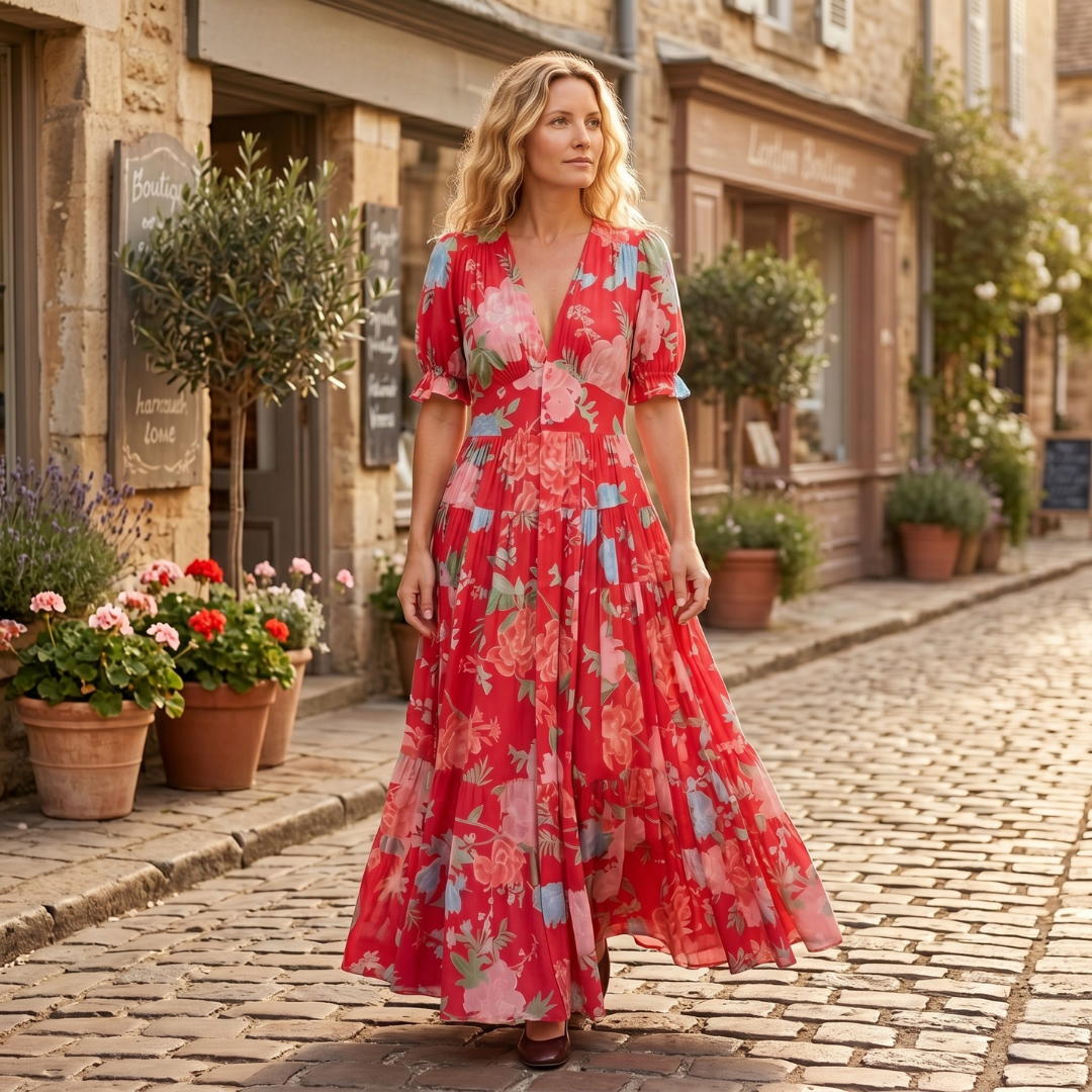 Elegantes florales Midi-Kleid mit V-Ausschnitt für Damen
