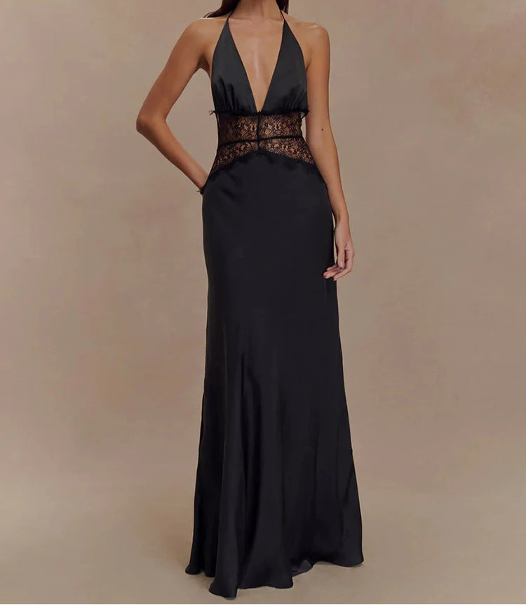 Maxikleid mit Neckholder, Spitzeneinsatz und freiem Rücken