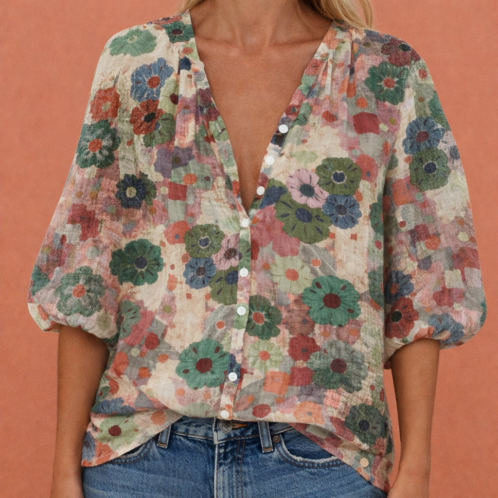 Damen V-Ausschnitt Bluse mit Knopfverschluss und Druckmuster