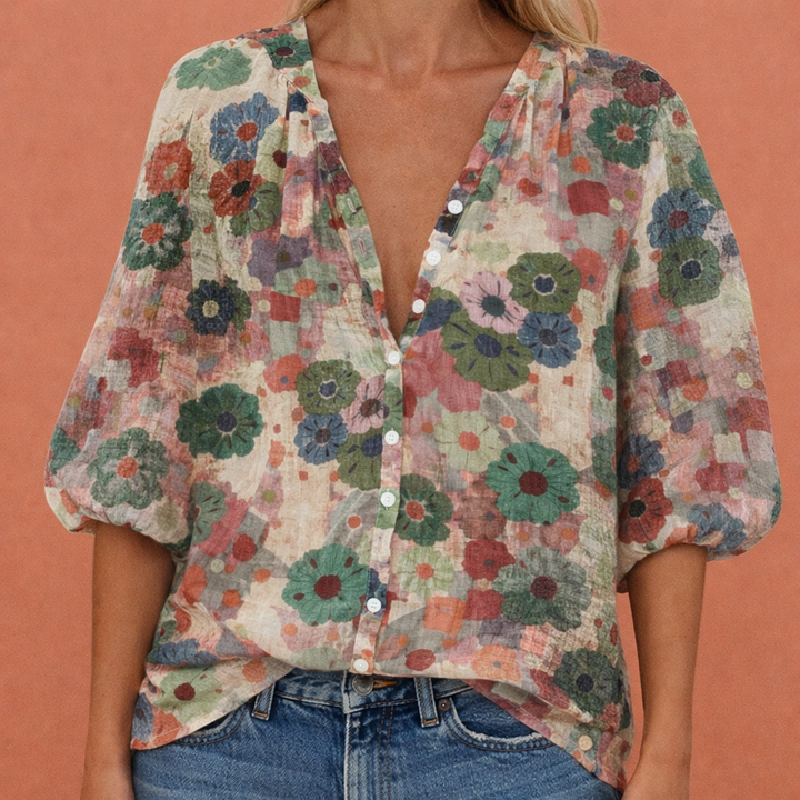 Damen V-Ausschnitt Bluse mit Knopfverschluss und Druckmuster
