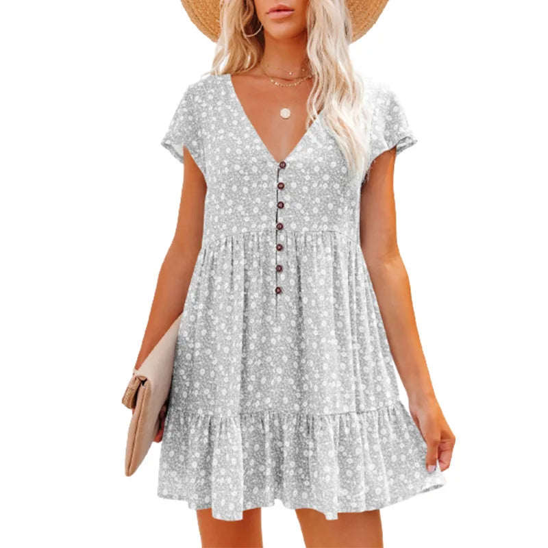 Damen Sommer Blumen V-Ausschnitt Falten Mini Kleid