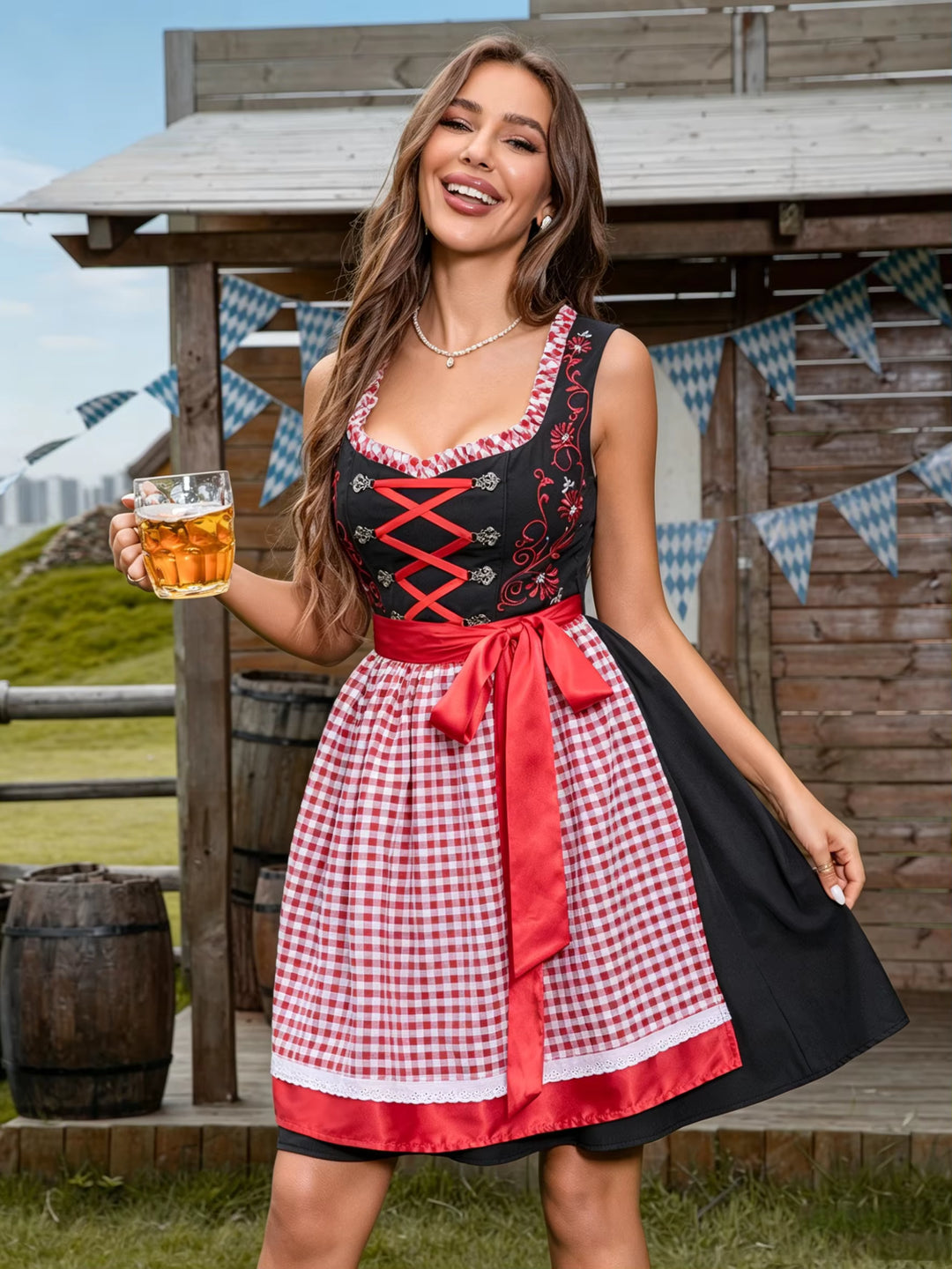 Damen ärmelloses kariertes Dirndl Kleid Schwarz