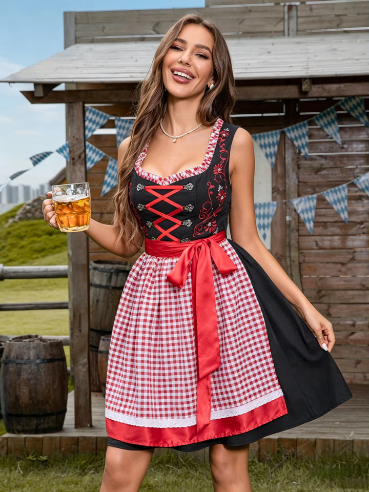 Damen ärmelloses kariertes Dirndl Kleid Schwarz