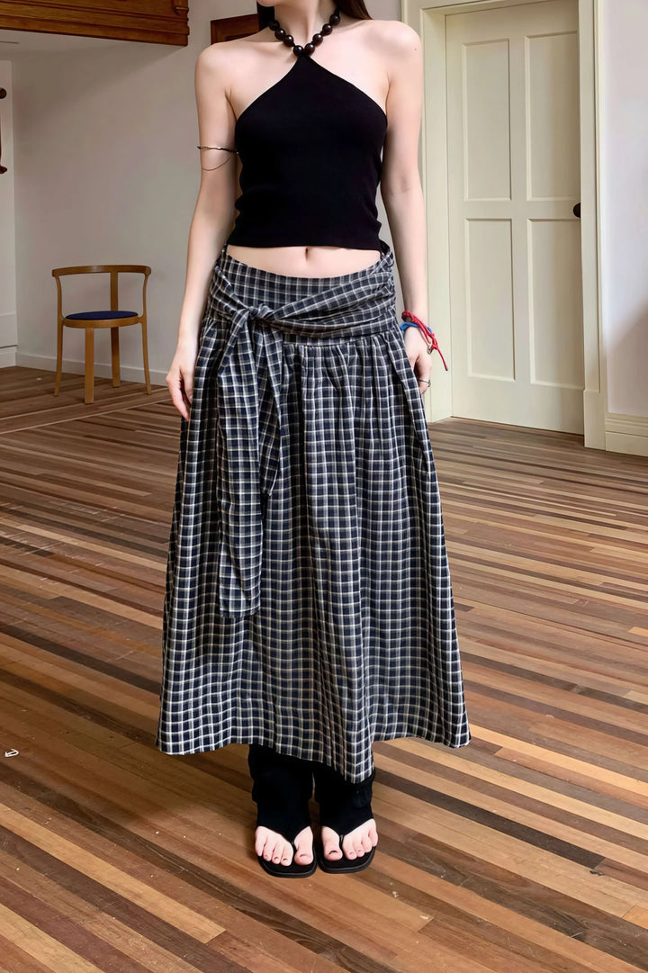 Karierter Polyester A-Linien Midirock Rot und Schwarz