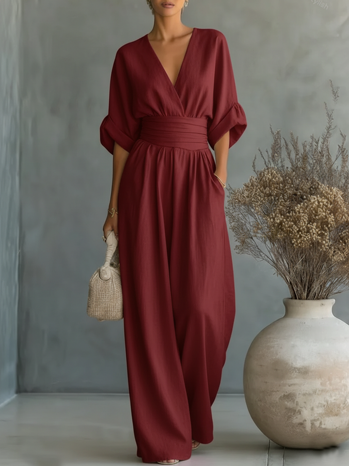 Eleganter V-Ausschnitt Jumpsuit mit hoher Taille und weitem Schnitt