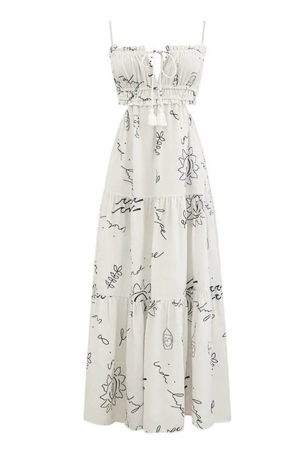 Bedrucktes Midikleid mit Spaghettiträgern Weiß
