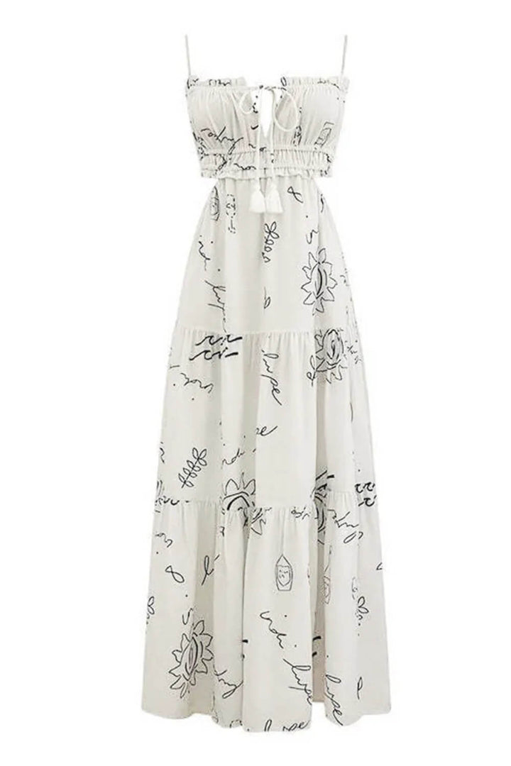 Bedrucktes Midikleid mit Spaghettiträgern Weiß