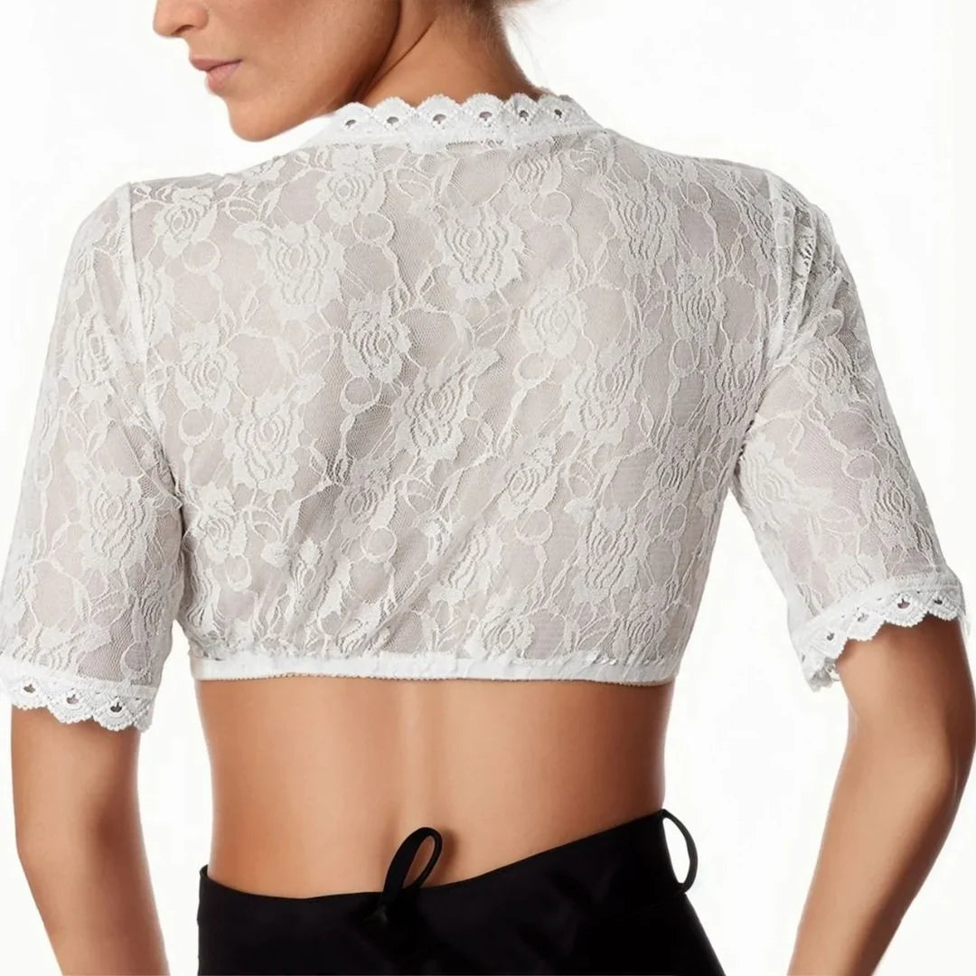 Dirndlbluse für Damen mit elegantem V-Ausschnitt und dekorativem Spitzenbesatz