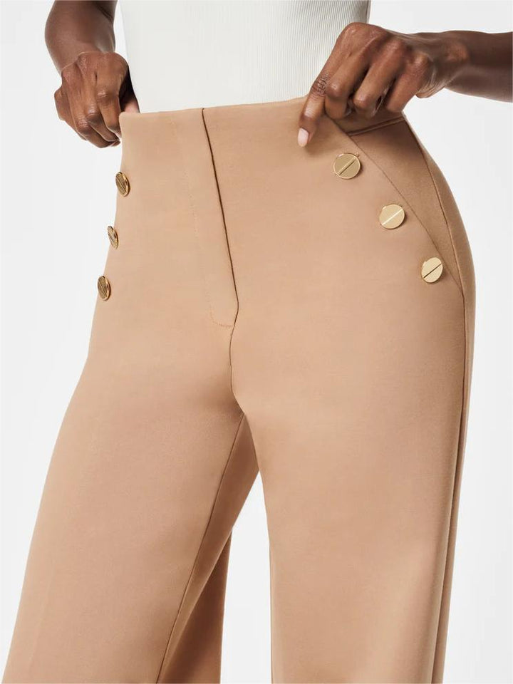 High-waisted, wide-cut trousers with hidden tummy comfort 