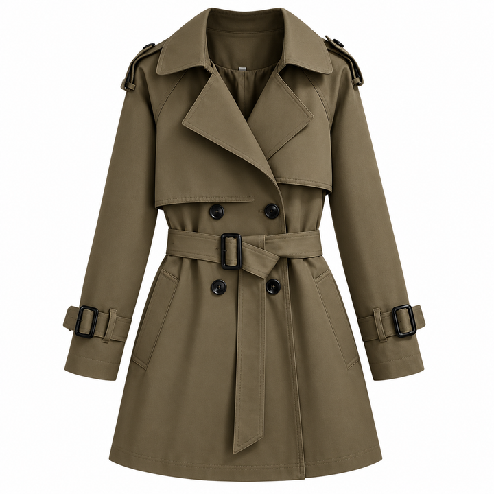 Detailansicht des Gürtels und der Knopfleiste am Damen-Trenchcoat