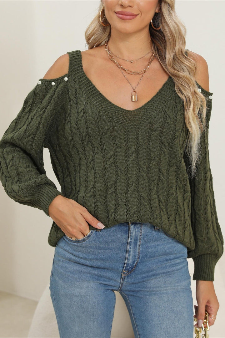 Damenpullover mit Off-Shoulder-Ausschnitt und tiefem V-Kragen vorne