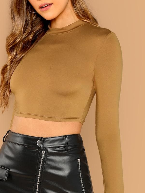 Stehkragen Enganliegendes Langarm-Cropped-Top