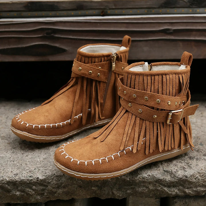 Women's Fringed Boots Made of Soft Suede with Decorative Strap