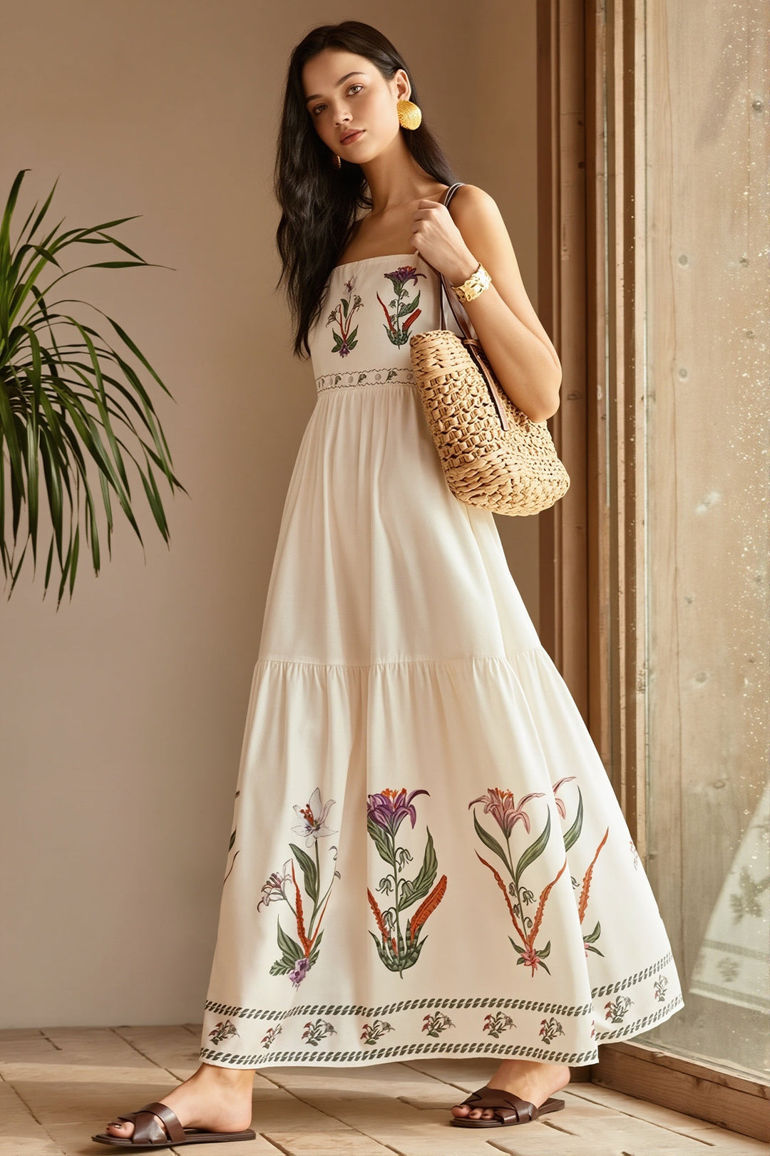 Rückansicht des Damen Maxikleids mit Blumenprint im Boho-Stil