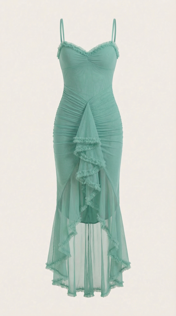 Damen Volant Maxikleid mit High-Low-Saum