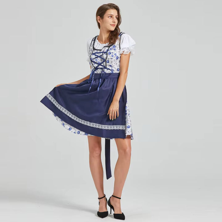 Damen Traditionelles Dirndlkleid aus Polyester-Baumwoll-Mischung Blau Blumenmuster