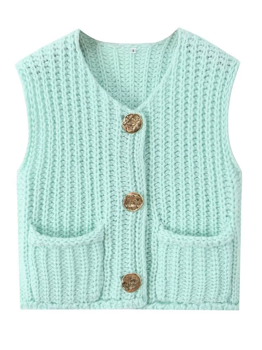 Damen Strickcardigan Ärmellos Mit Knöpfen Und Taschen