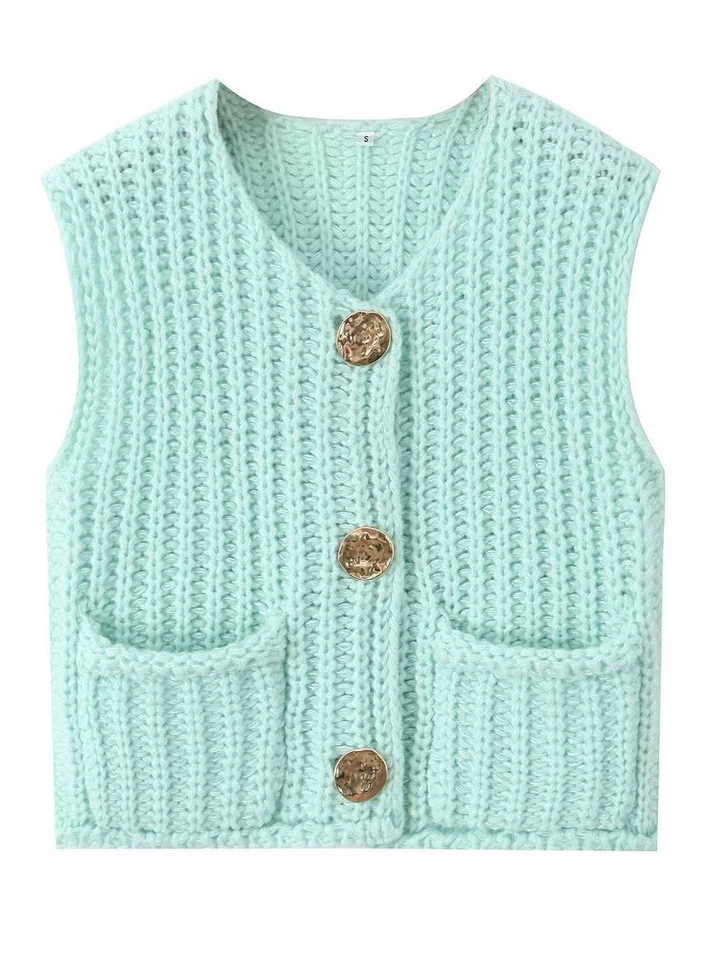 Damen Strickcardigan Ärmellos Mit Knöpfen Und Taschen