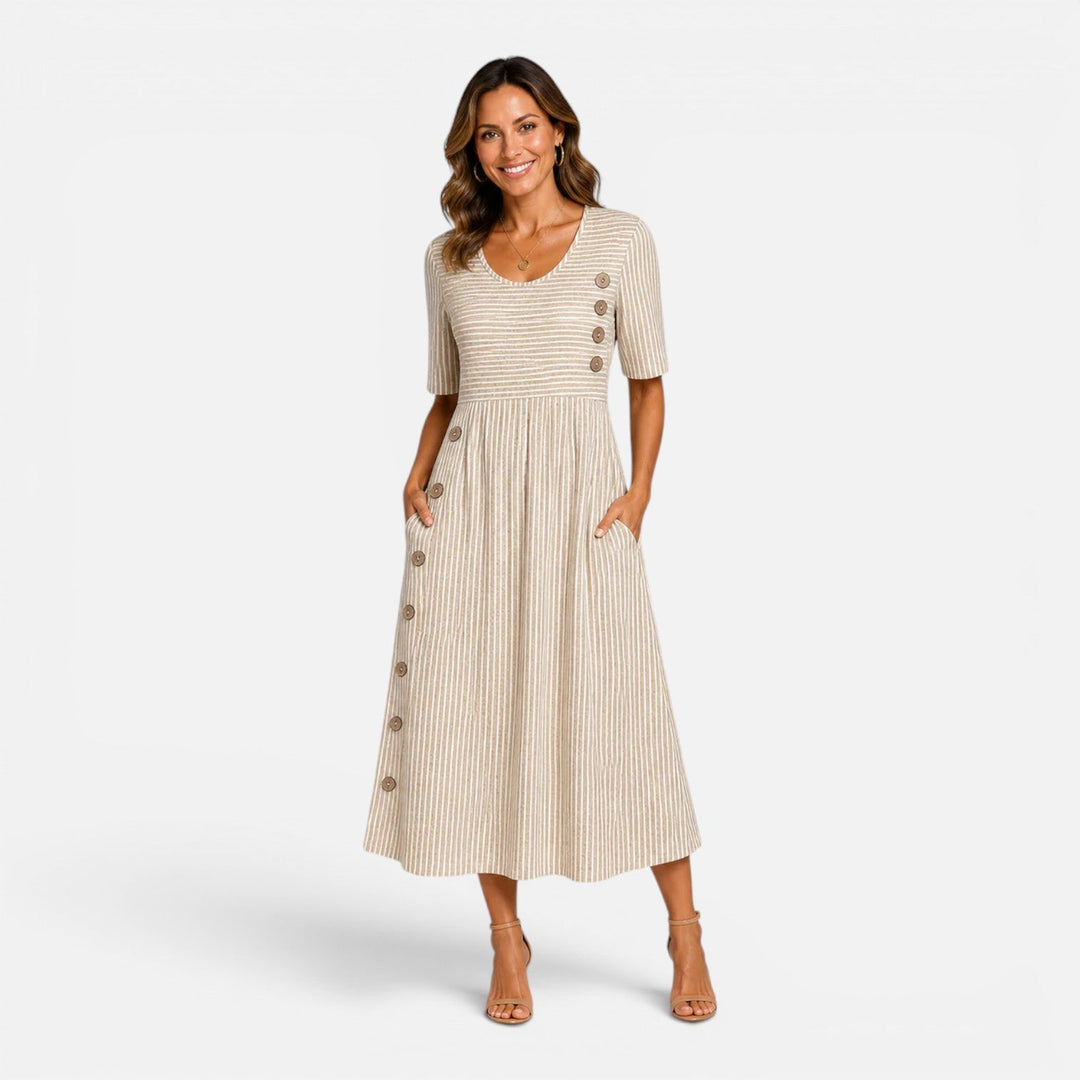 Gestreiftes Midi-Kleid für Damen mit Knopfdetail und Taschen