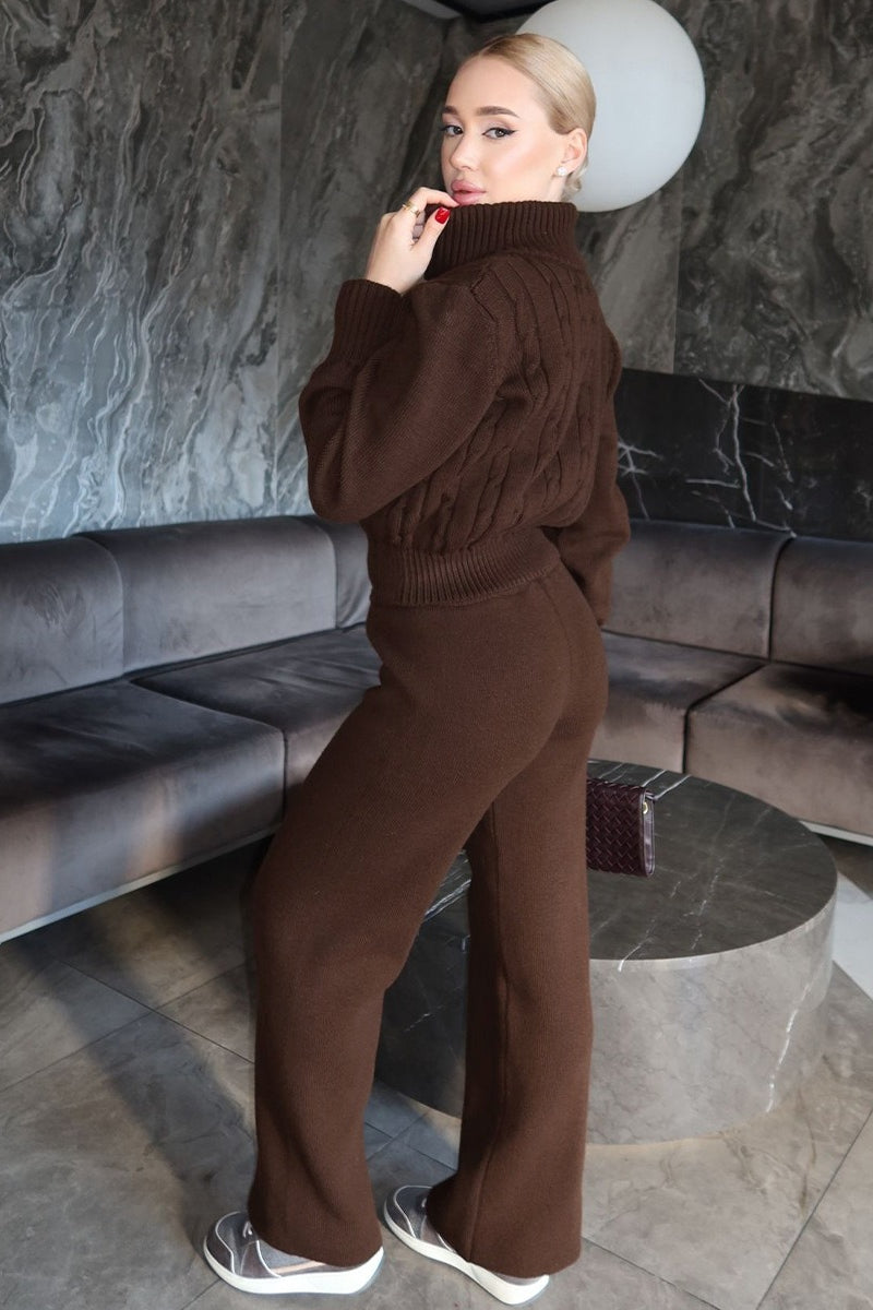 Damen Strickset Mit Zopfmuster Und Gerader Hose