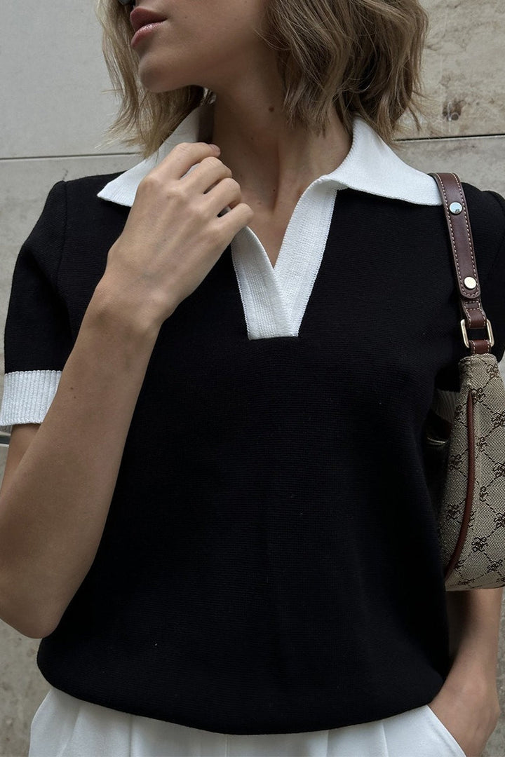 Damen Strickpullover mit Polo-Ausschnitt und kurzen Ärmeln