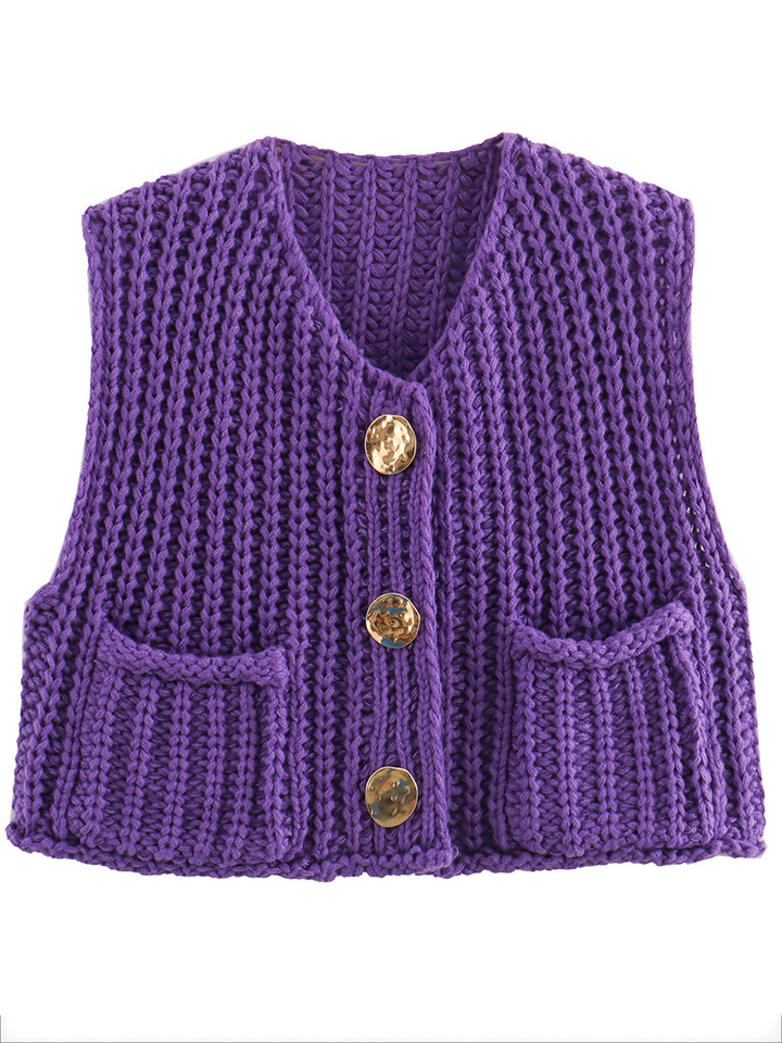 Damen Strickcardigan Ärmellos Mit Knöpfen Und Taschen