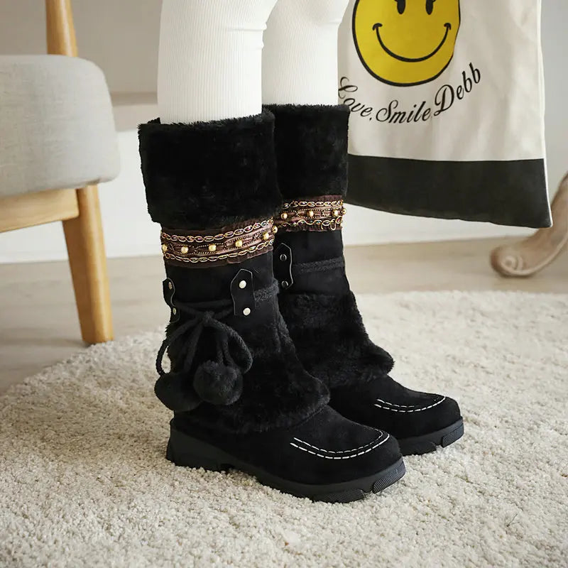 Boho Chic Kunstleder Kniehohe Winterstiefel