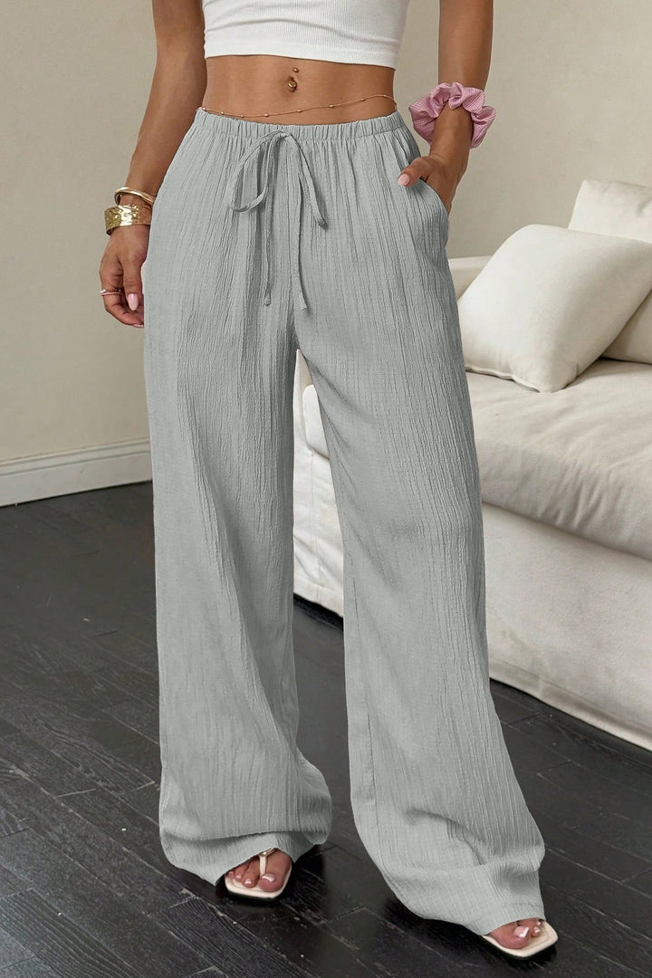 Damen Wide Leg Hose Mit Struktur Und Knotenbund
