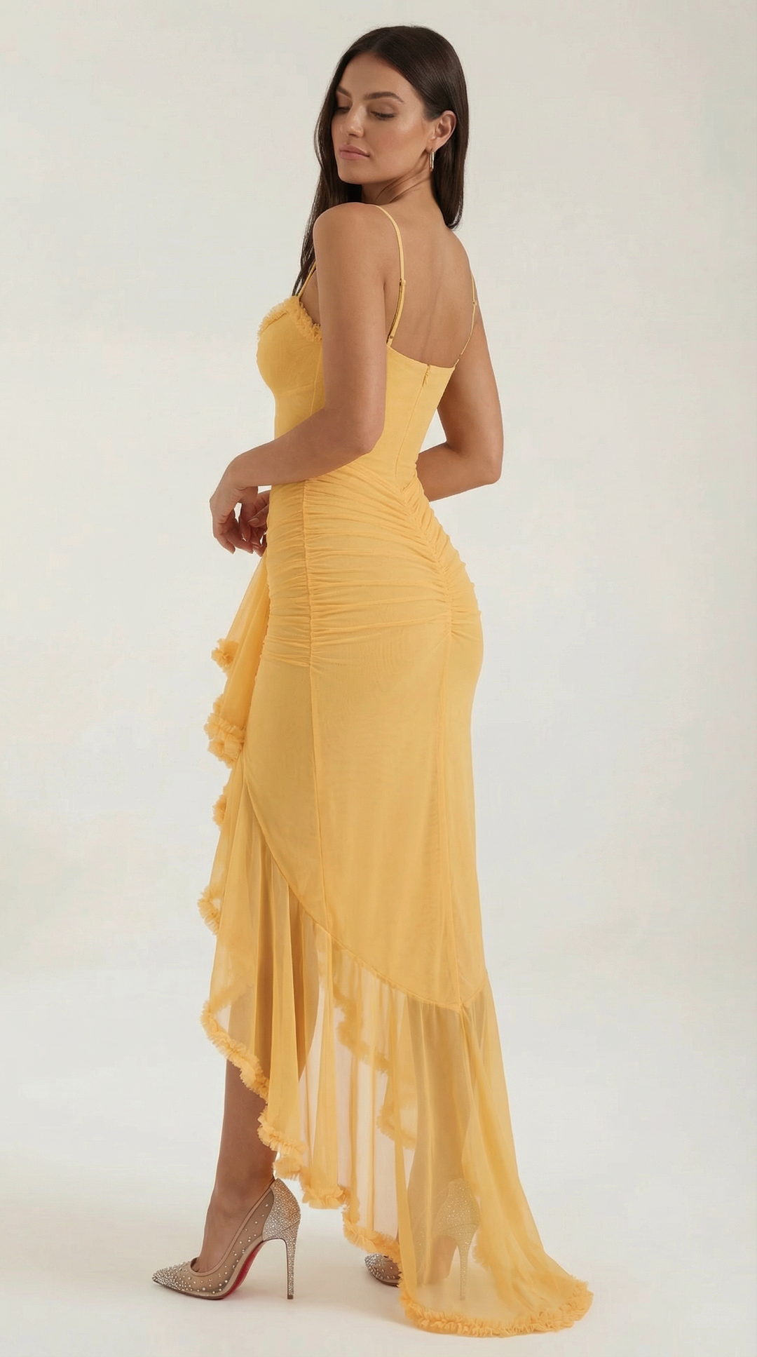 Damen Volant Maxikleid mit High-Low-Saum