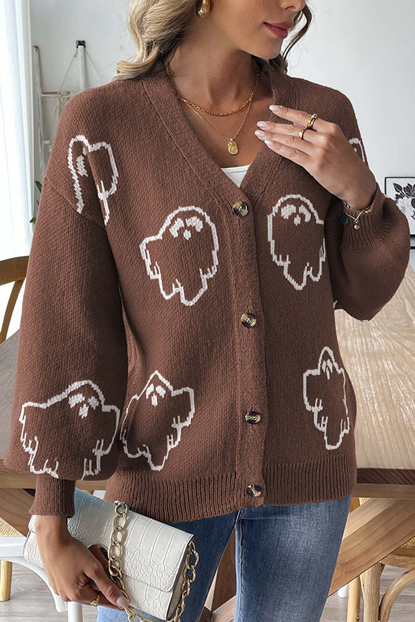 Gemütlicher Halloween-Geister-Strickpullover mit Knopfleiste