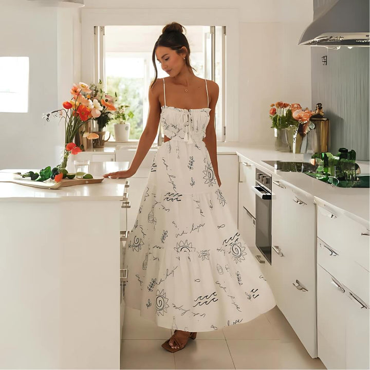 Bedrucktes Midikleid mit Spaghettiträgern Weiß