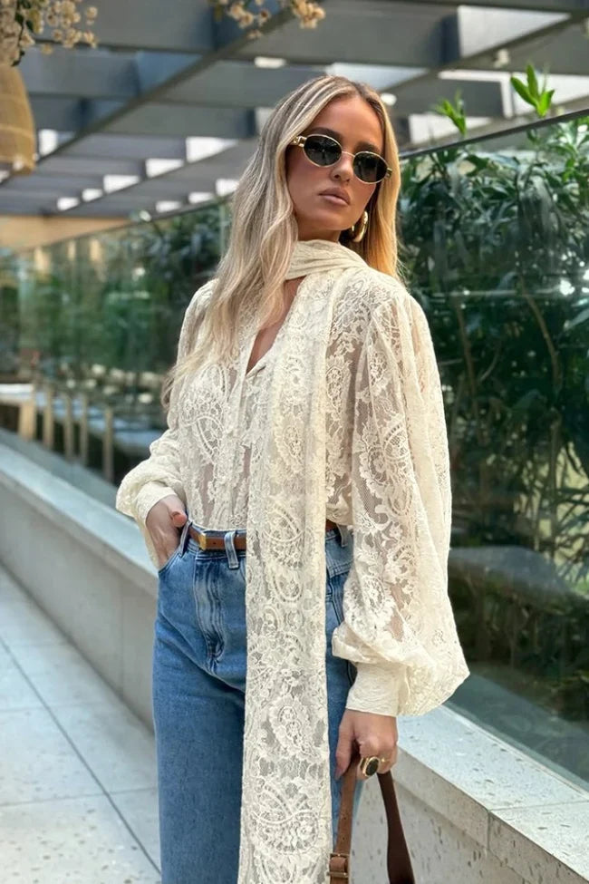 Damen Transparente Spitzenbluse mit Schleifenkragen Aprikose