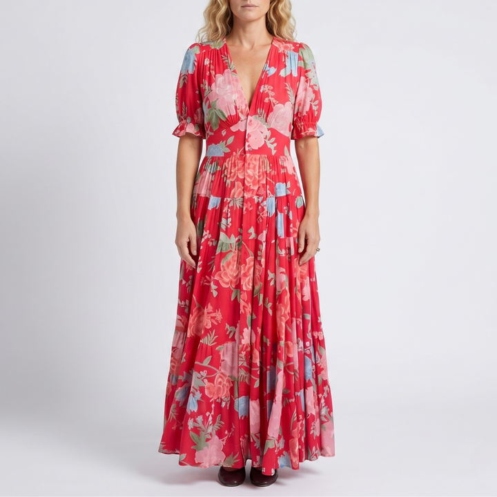 Elegantes florales Midi-Kleid mit V-Ausschnitt für Damen