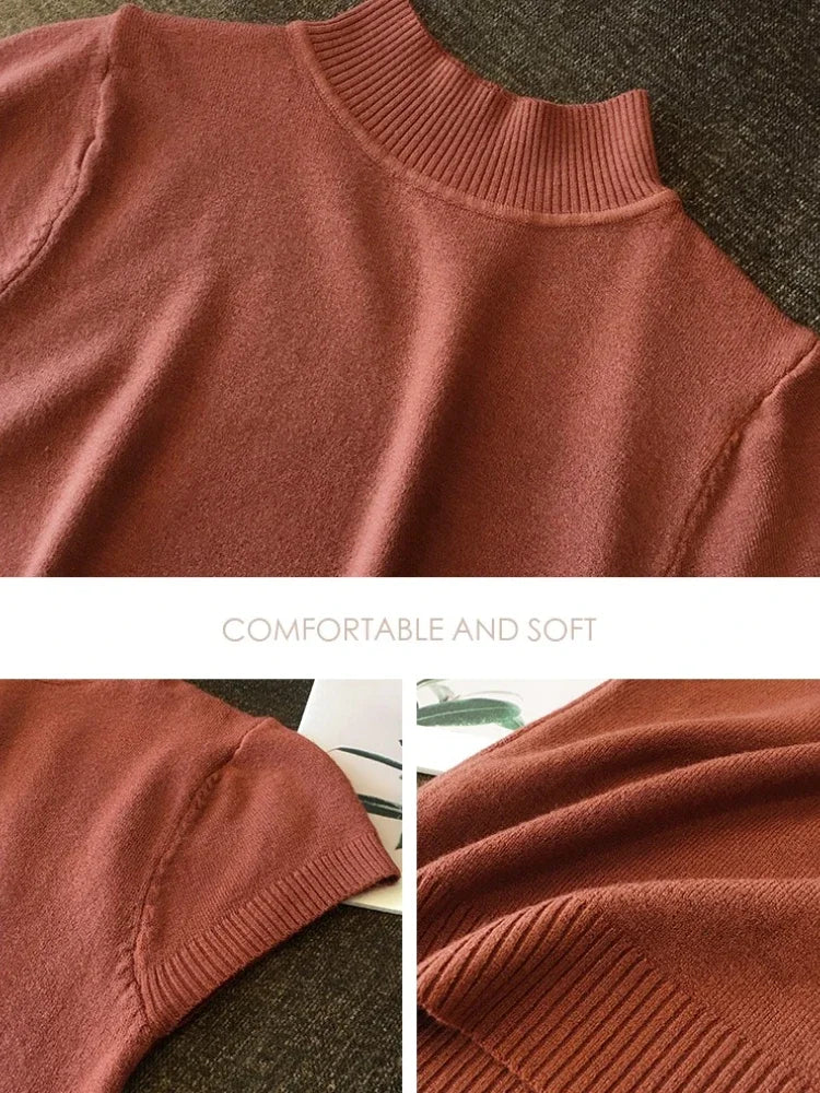 Damen T-Shirt mit Stehkragen aus dehnbarem Strick, lockere Passform